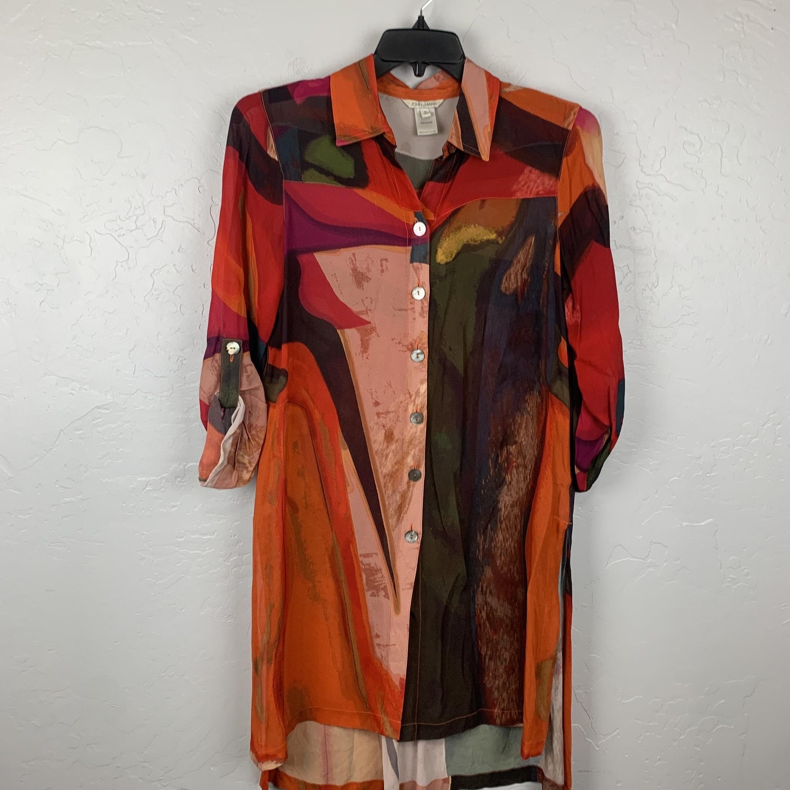 John Mark Tunic Womens Small Multicolor Abstract Button Front Tunic Sheer Boho